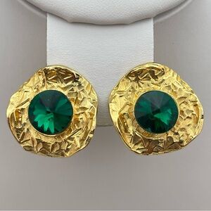 Gold Tone Emerald Green Crystal Clip Earrings Textured Statement